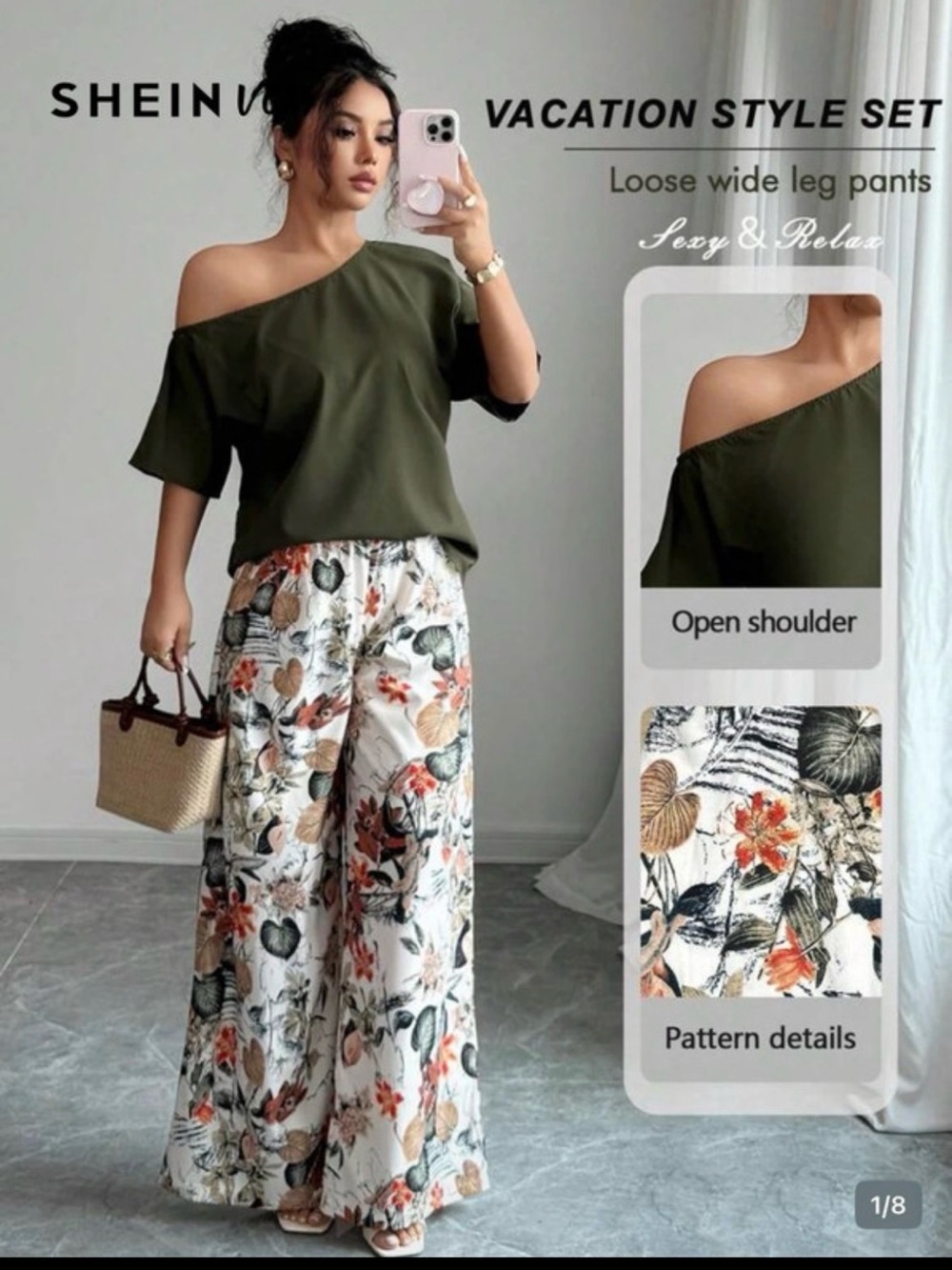 SHEIN Olive One-Shoulder Top with Floral White Wide-Leg Pants Set